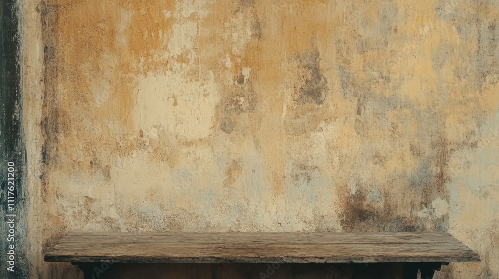 Rustic Wooden Table Against a Weathered Wall. Rustic Wooden Table Against a Weathered Wall.
