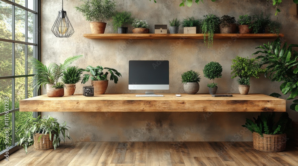 Wooden desk with indoor plants in front of a beige textured wall, offering a calm and organized workspace vibe. Wooden desk with indoor plants in front of a beige textured wall, offering a calm and organized workspace vibe.