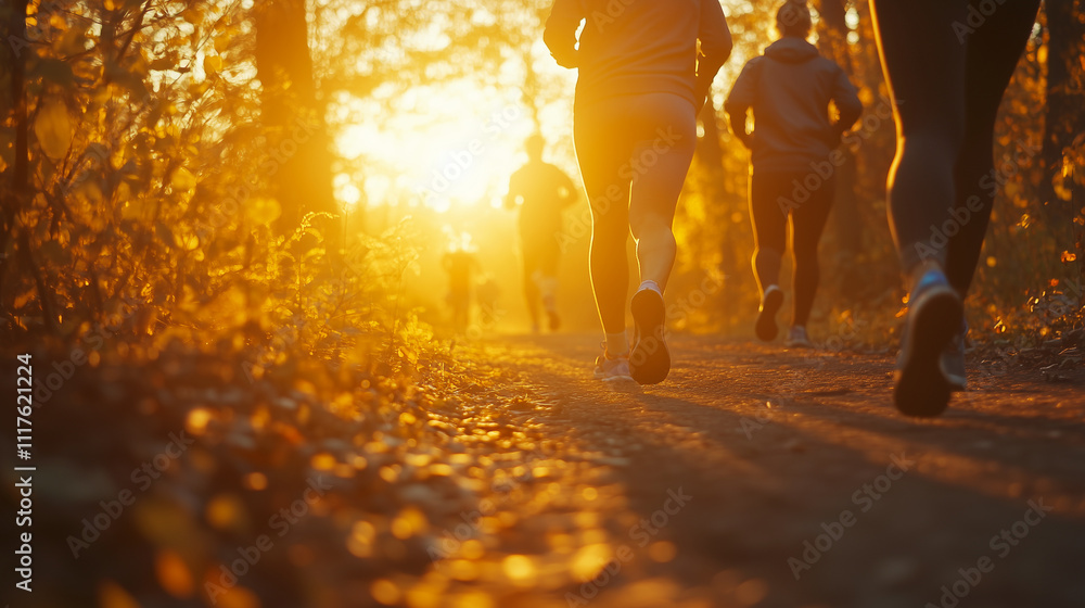 A group of friends jogging together on a scenic nature trail during sunrise, symbolizing a healthy and active lifestyle A group of friends jogging together on a scenic nature trail during sunrise, symbolizing a healthy and active lifestyle