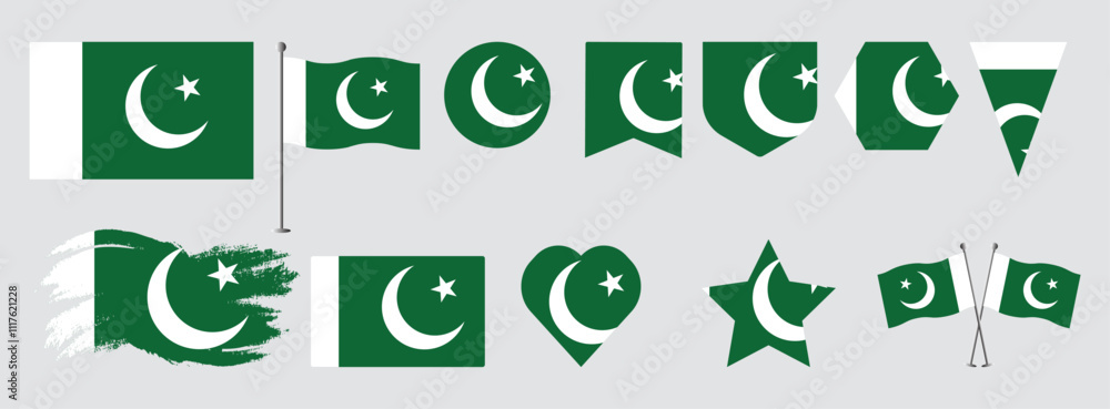 Set Pakistan flags, banners, symbols, flat icon. Vector illustration of collection of national symbols on various objects and state signs and shape Set Pakistan flags, banners, symbols, flat icon. Vector illustration of collection of national symbols on various objects and state signs and shape