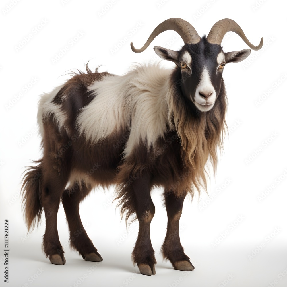 A goat with long, curly fur and large horns standing against a plain white background A goat with long, curly fur and large horns standing against a plain white background
