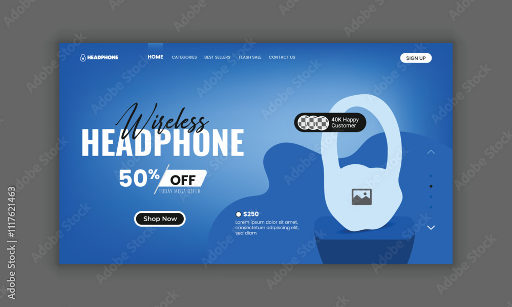 Fototapeta premium New arrival Headphone brand product landing page or Music headphone website home page hero section user interface design template