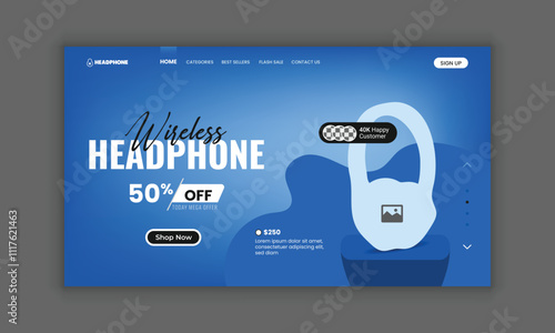 New arrival Headphone brand product landing page or Music headphone website home page hero section user interface design template
