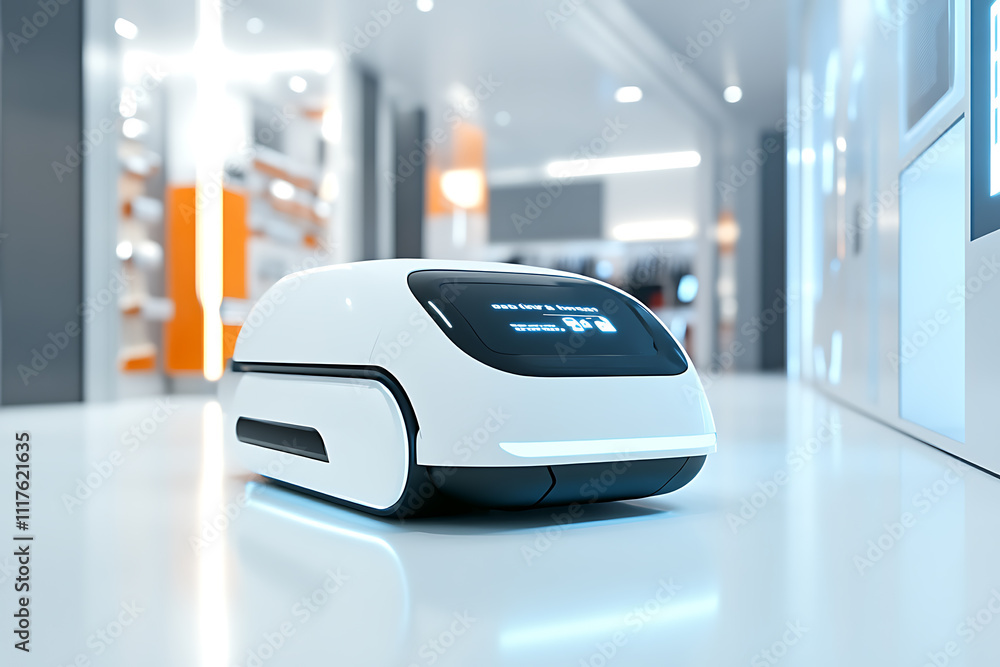 A sleek robot delivering packages or assisting customers in a high-tech retail store, showcasing convenience and efficiency
A sleek robot delivering packages or assisting customers in a high-tech retail store, showcasing convenience and efficiency