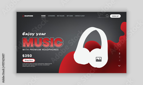 New arrival Headphone brand product landing page or Music headphone website home page hero section user interface design template