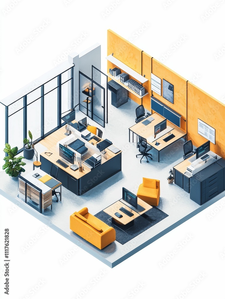 Modern office, yellow accents, workstations, comfortable seating. Modern office, yellow accents, workstations, comfortable seating.