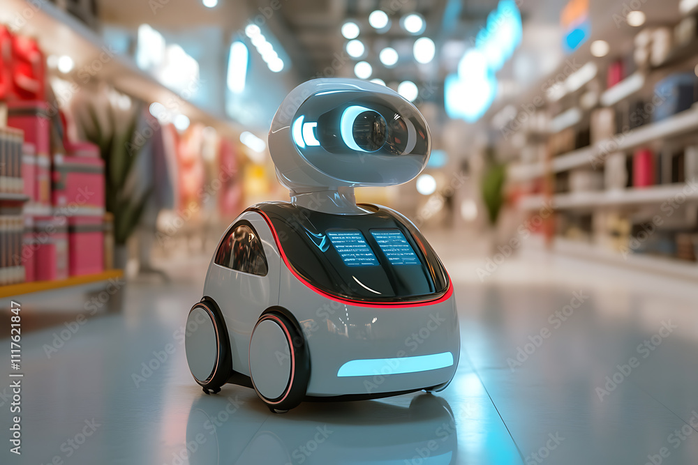 A sleek robot delivering packages or assisting customers in a high-tech retail store, showcasing convenience and efficiency
A sleek robot delivering packages or assisting customers in a high-tech retail store, showcasing convenience and efficiency