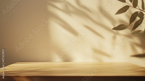 Wooden Tabletop with Sunlight and Leaf Shadows, Minimalist Mockup.