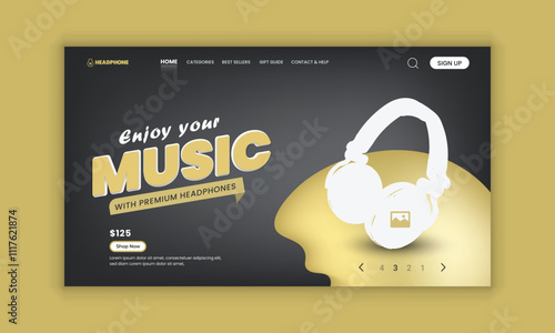 New arrival Headphone brand product landing page or Music headphone website home page hero section user interface design template