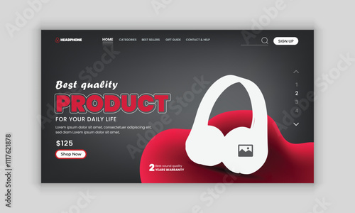 New arrival Headphone brand product landing page or Music headphone website home page hero section user interface design template