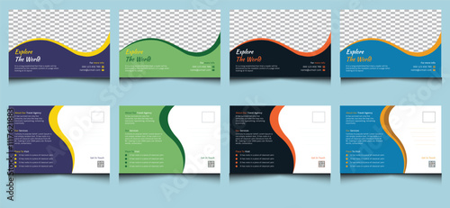 Simple elegant clean creative editable corporate modern professional company abstract business travel explores tourism traveling offers agency marketing advertisement tour postcard template design.