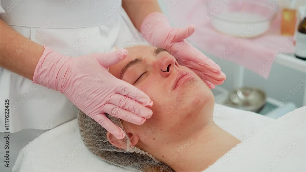 Skin cosmetology salon offering professional care with gentle techniques. Woman lying relaxed during soothing face massage by skilled cosmetologist. Female enjoying treatment focused on rejuvenating Skin cosmetology salon offering professional care with gentle techniques. Woman lying relaxed during soothing face massage by skilled cosmetologist. Female enjoying treatment focused on rejuvenating