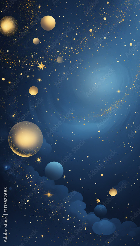 Shining golden particles white christmas bokeh on a navy blue abstract background Shining golden particles white christmas bokeh on a navy blue abstract background