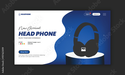Headphone brand product landing page or Music headphone website home page hero section user interface design template