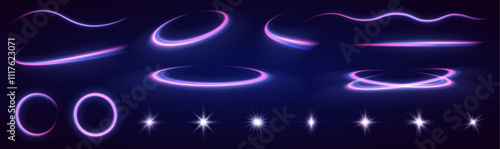 A large set of light effects, stars, curved lines, elements of speed, glare, flashes on a black background. . Abstract vector fire circles, sparkling swirls and energy light spiral frames.	