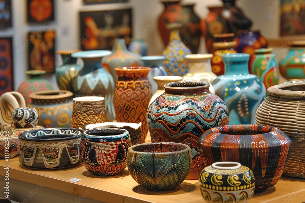 A display of various pottery styles from different cultures, each piece hand-crafted and painted with unique motifs and designs. A display of various pottery styles from different cultures, each piece hand-crafted and painted with unique motifs and designs.