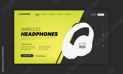 Headphone brand product landing page or Music headphone website home page hero section user interface design template