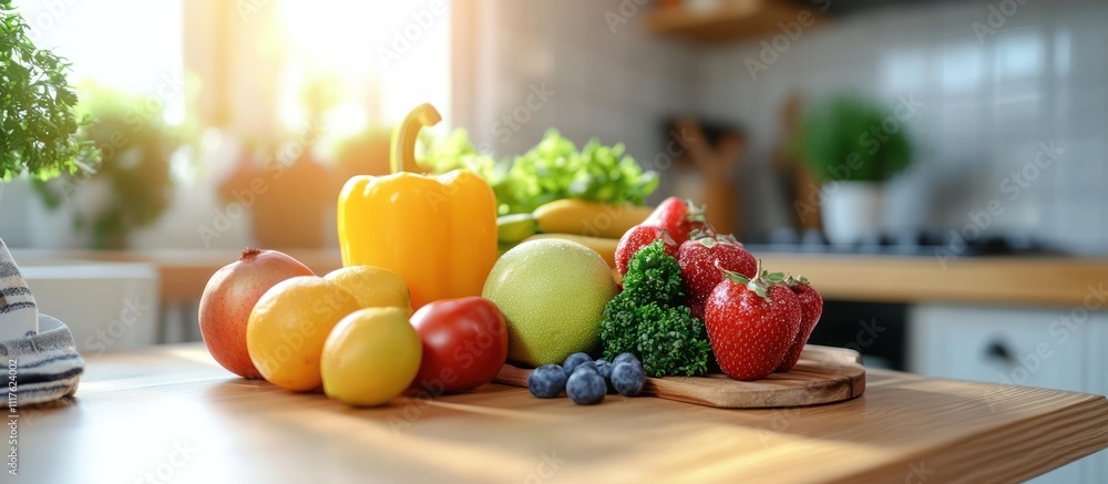 A wooden table with fresh fruit, vegetables and a leafy green plant. A wooden table with fresh fruit, vegetables and a leafy green plant.