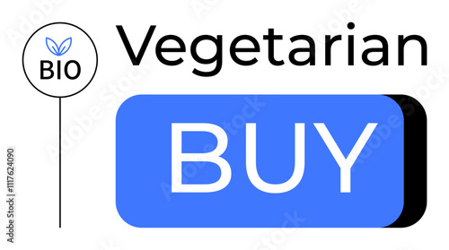 Vegetarian bio label with leaf icon next to a prominent blue BUY button. Ideal for online stores, eco-friendly promotions, vegetarian products, bio goods, ethical campaigns, green marketing