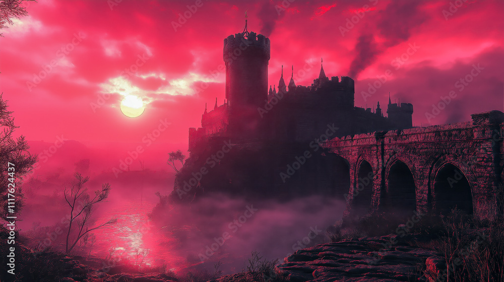 Fototapeta premium Enchanting Red Sunset Over Medieval Castle and Stone Bridge