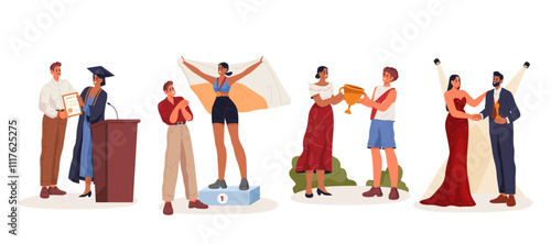 Set of vector awarding ceremony illustration. Student graduating, sport event podium. Winning celebration with trophy and scholar with diploma or certificate. University and sportsmanship. Education.
