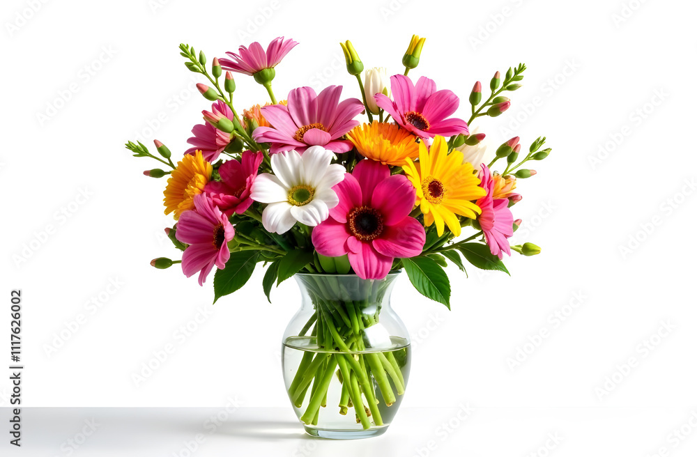 Flowers bouquet in the glass vase on the table, white background Flowers bouquet in the glass vase on the table, white background