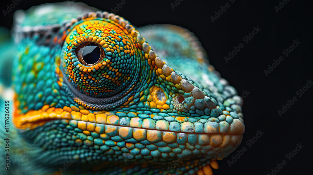 Obraz premium Close-up of a colorful chameleon with intricate scales and vibrant green orange and blue patterns on a black background.