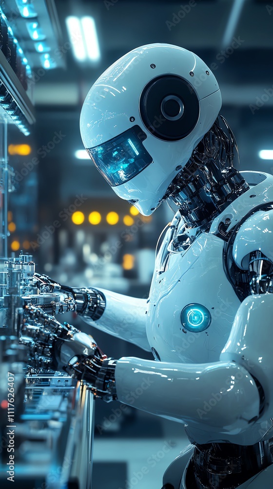 Fototapeta premium A humanoid robot interacting with a control panel in a futuristic setting.