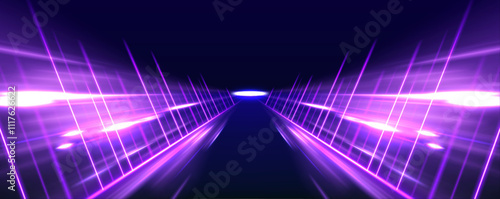 Dynamic image of the speed of light in space with glowing purple swirls and neon waves, mixed with fire paths and optical fibers, symbolizing the powerful motion and acceleration of energy.