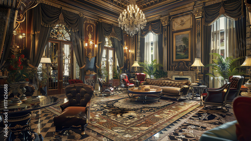 Large, ornate room with arches, large windows, sofas, and a raised seating area. Rich, golden colors and textures.