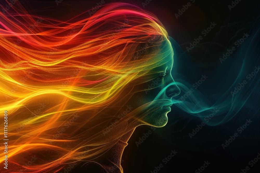 Obraz premium Abstract art of a person with colorful flowing hair and smoke background removed