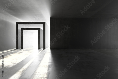 Minimalist abstract architecture with light and shadow in a modern geometric space. 3d render