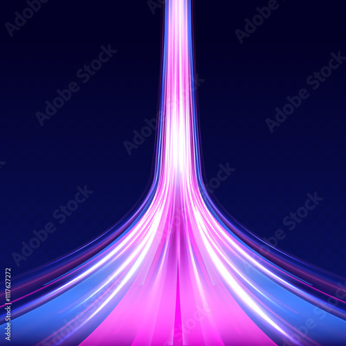 Neon color glowing lines background, high-speed light trails effect. Long exposure of motorways as speed. Neon spiral lines in yellow blue and purple colors.	