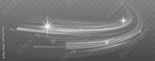 White fast speed trail with sparkles on dark background. Glow and blur motion effect vector illustration set. Transparent dynamic frost air tail streak. Isolated png magic wind swirl design.