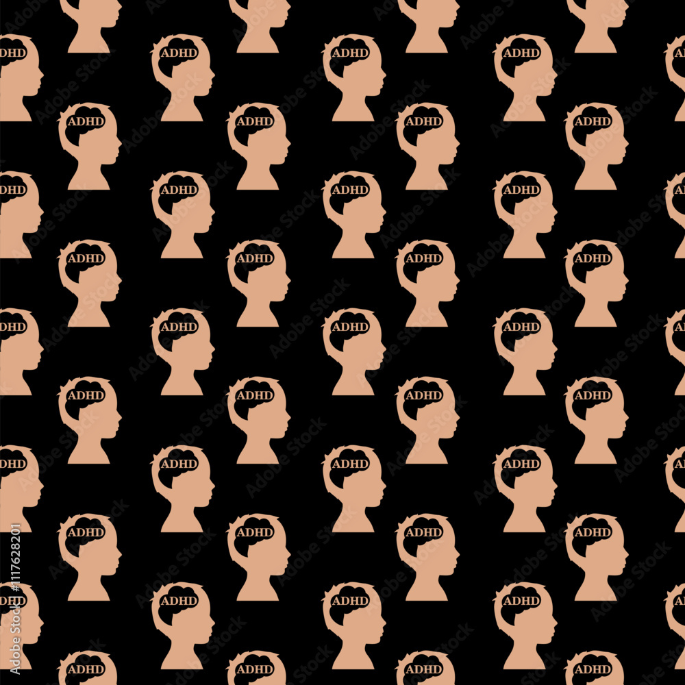 ADHD, Attention Deficit Hyperactivity Disorder concept seamless isolated on black ADHD, Attention Deficit Hyperactivity Disorder concept seamless isolated on black