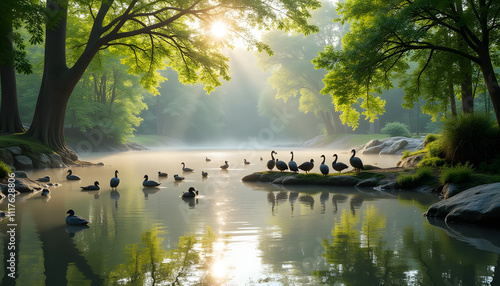 Peaceful bird sanctuary with diverse birds resting by a calm lake, soft morning light reflecting on the water
 photo