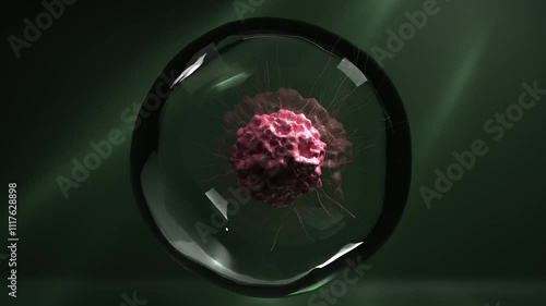 A pink cellular structure with a rough surface, with thin, flexible tentacle-like projections resembling a virus, floats inside a transparent spherical bubble, The camera view zooms in and out.