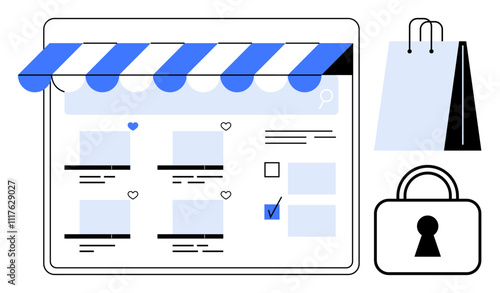 Online shopping interface with blue-striped awning, product listings, shopping bag, and padlock. Ideal for e-commerce, retail, online security, user interface, shopping web design digital