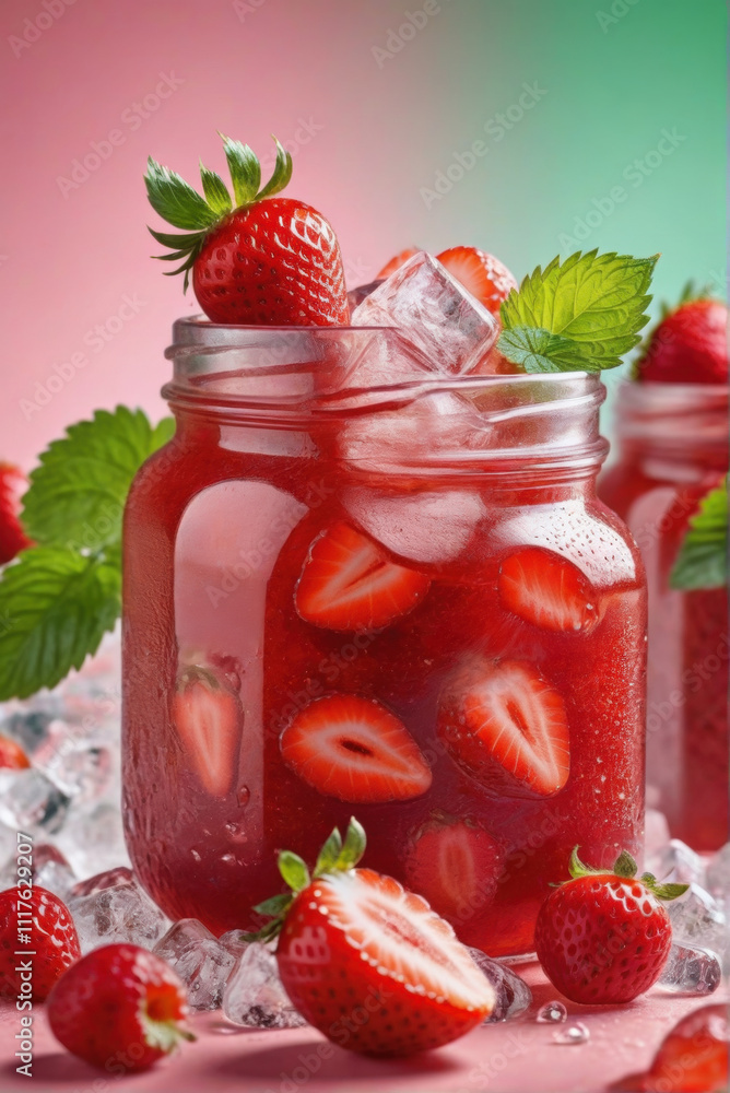 a jar of fresh strawberry juice with whole and sliced strawberries immersed in the drink. a jar of fresh strawberry juice with whole and sliced strawberries immersed in the drink.
