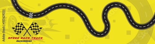 Creative vector illusion of race track isolated on yellow background. Speed race track background design with sport car.
