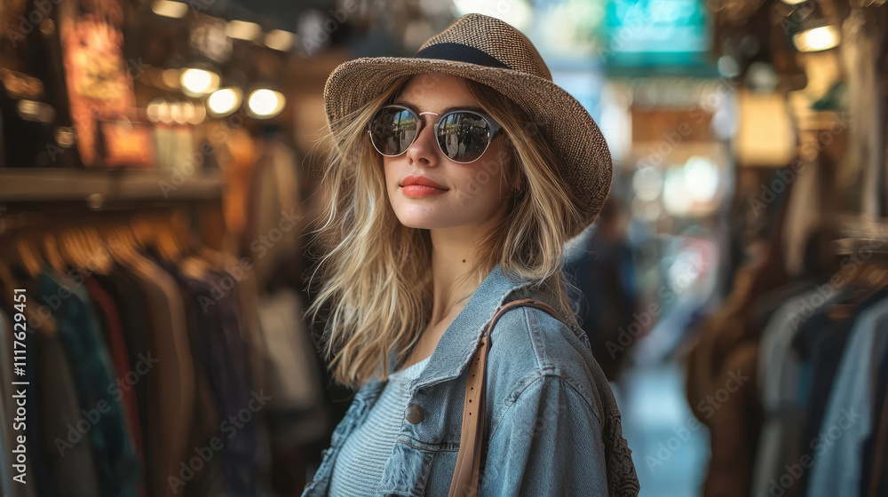 A fashion-conscious woman browsing clothes at a boutique. A fashion-conscious woman browsing clothes at a boutique.