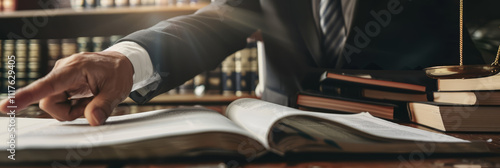 A lawyer pointing at a specific clause in a joint financial investment contract, with law books and financial reports on the desk.