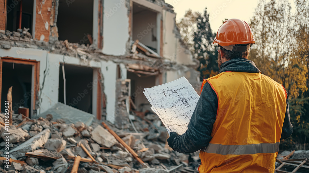 Engineer inspecting structural damage on a house after an earthquake. Engineer inspecting structural damage on a house after an earthquake.