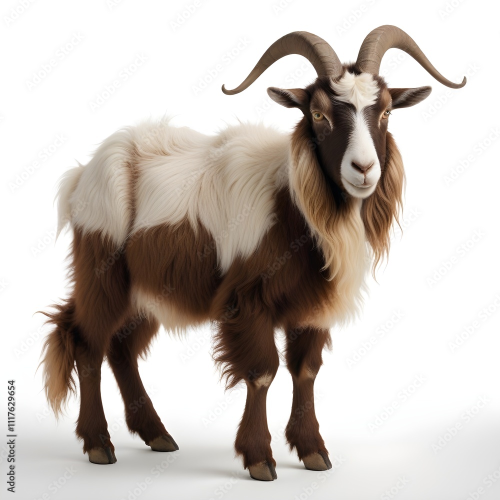 A goat with long, curly fur and large horns standing against a plain white background A goat with long, curly fur and large horns standing against a plain white background