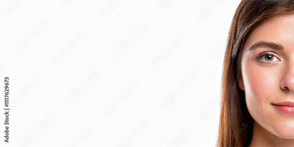 Skincare and beauty banner featuring a young, beautiful, smiling girl model with natural makeup, leaving ample space for text Skincare and beauty banner featuring a young, beautiful, smiling girl model with natural makeup, leaving ample space for text