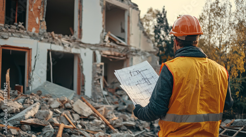 Engineer inspecting structural damage on a house after an earthquake.