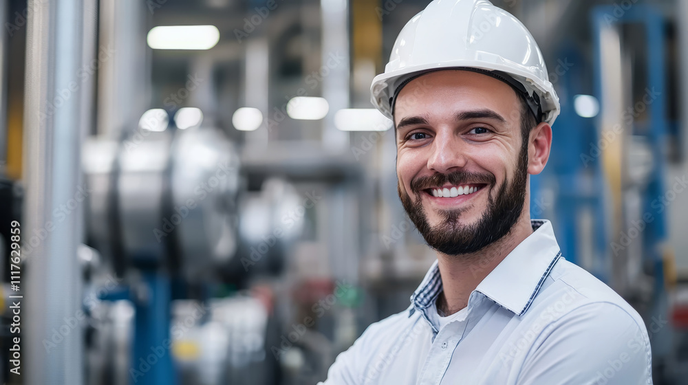 smiling mechanical engineer in a hard hat, factory machinery background smiling mechanical engineer in a hard hat, factory machinery background