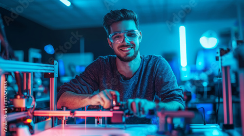 Smiling 3D printing technician adjusting equipment.