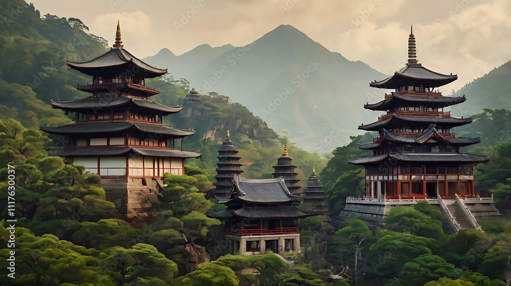 Serene Mountaintop Temples Amidst Lush Greenery Serene Mountaintop Temples Amidst Lush Greenery