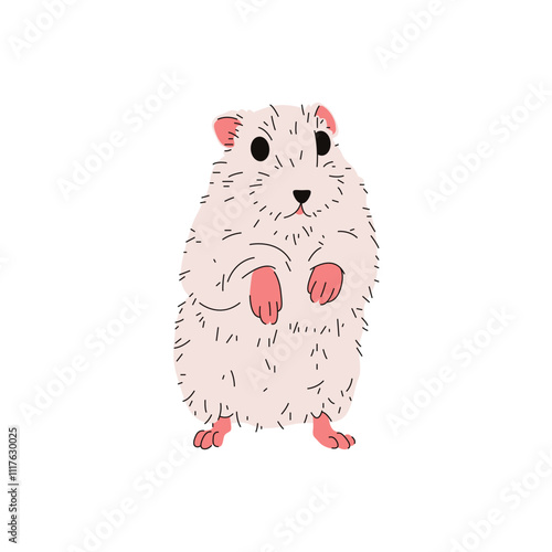 Comic hamster or vector standing animal. Image of funny mammal or rodent clipart. Cute domestic pet with fur in stand pose. Furry mascot with paw. Zoology and biology theme. Chewing home habitat